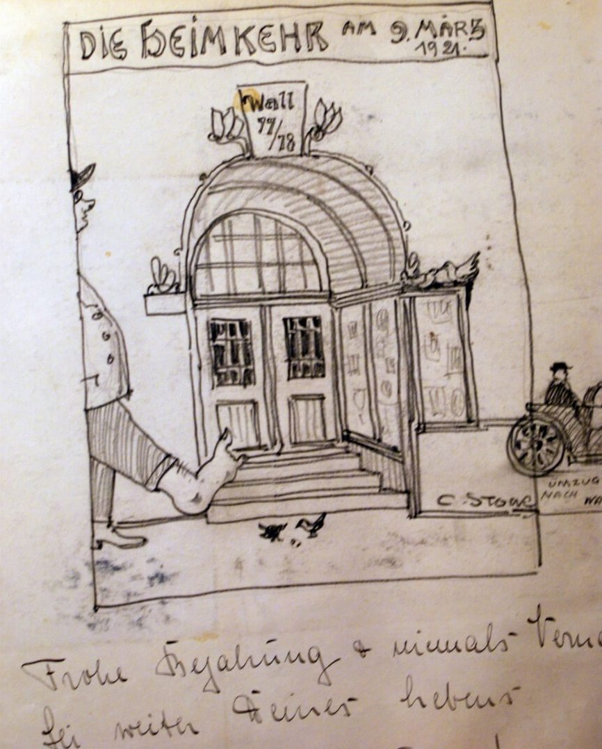9. März 1921 Entlassung aus dem Krankenhaus. Eingang des Miethauses Am Wall 77/78. Zeichnung: Carl Stock