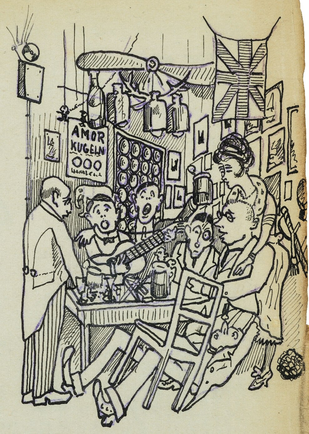 Die Zeichnung aus der Geschichte „Der Droschkenraub“ vom Juli 1917 ist sicher nicht in allen Einzelheiten ernst gemeint; aber sie gibt das Stimmungsbild einer Feier im fortgeschrittenen Stadium wieder. Links Hans Wagenführ.