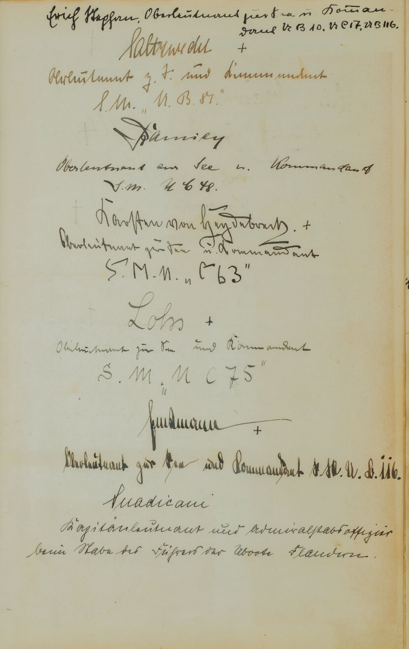 Die Seite mit der Unterschrift von U-Boot-Kommandant Oberleutnant Reinhold Saltzwedel, gefallen am 2. Dezember 1917.51 (Vgl. den Brief von Admiral von Trotha an Wagenführ vom 4.10.1921).