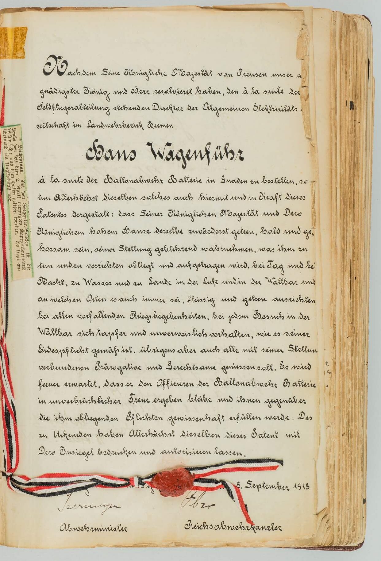 September 1915: Scherz-Urkunde, in der Wagenführ von Hauptmann Gustav Ober à la suite der Ballonabwehr Batterie Bremen bestellt wird.