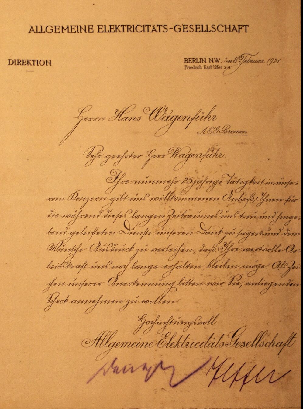 Urkunde der AEG Berlin zum 25jährigen Dienstjubiläum am 8. Februar 1921