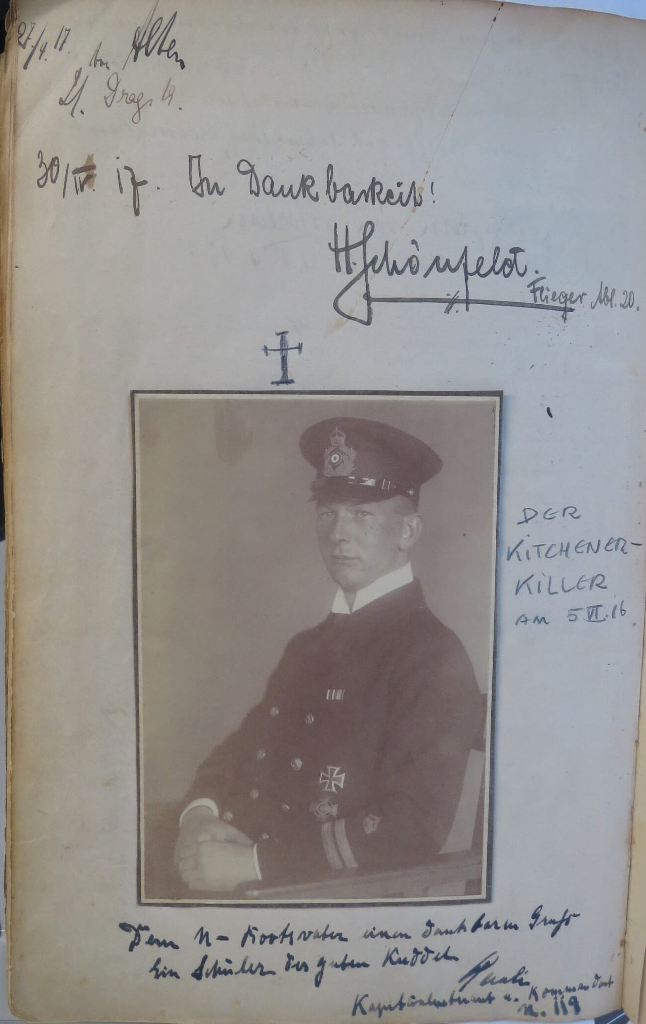 Text zum Foto: „Der Kitchener1 Killer“ am 5.6.16.“ Es ist U-Boot-Kommandant Kurt Beitzen 37