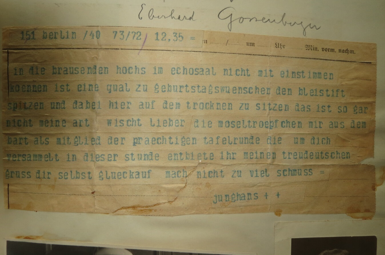 Telegramm zum 56. Geburtstag Wagenführs von Georg Junghans, Direktor bei der AEG Bremen, vom Krankenlager in Berlin.