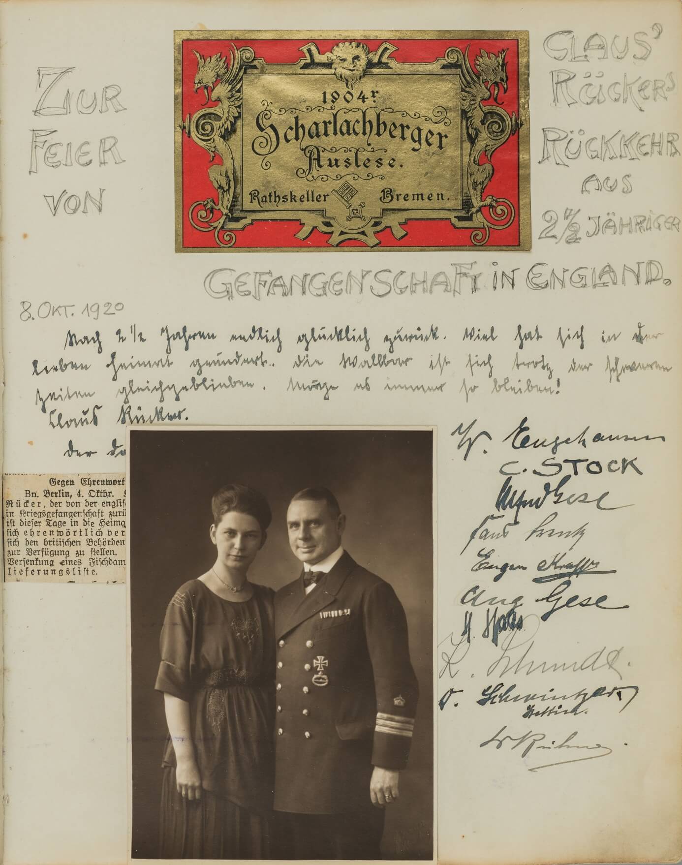 Fotomontage über eine ganze Seite. Text: Zur Feier von Claus Rückers Rückkehr aus 2 ½ jährlicher Gefangenschaft aus England. 8. Oktober 1920