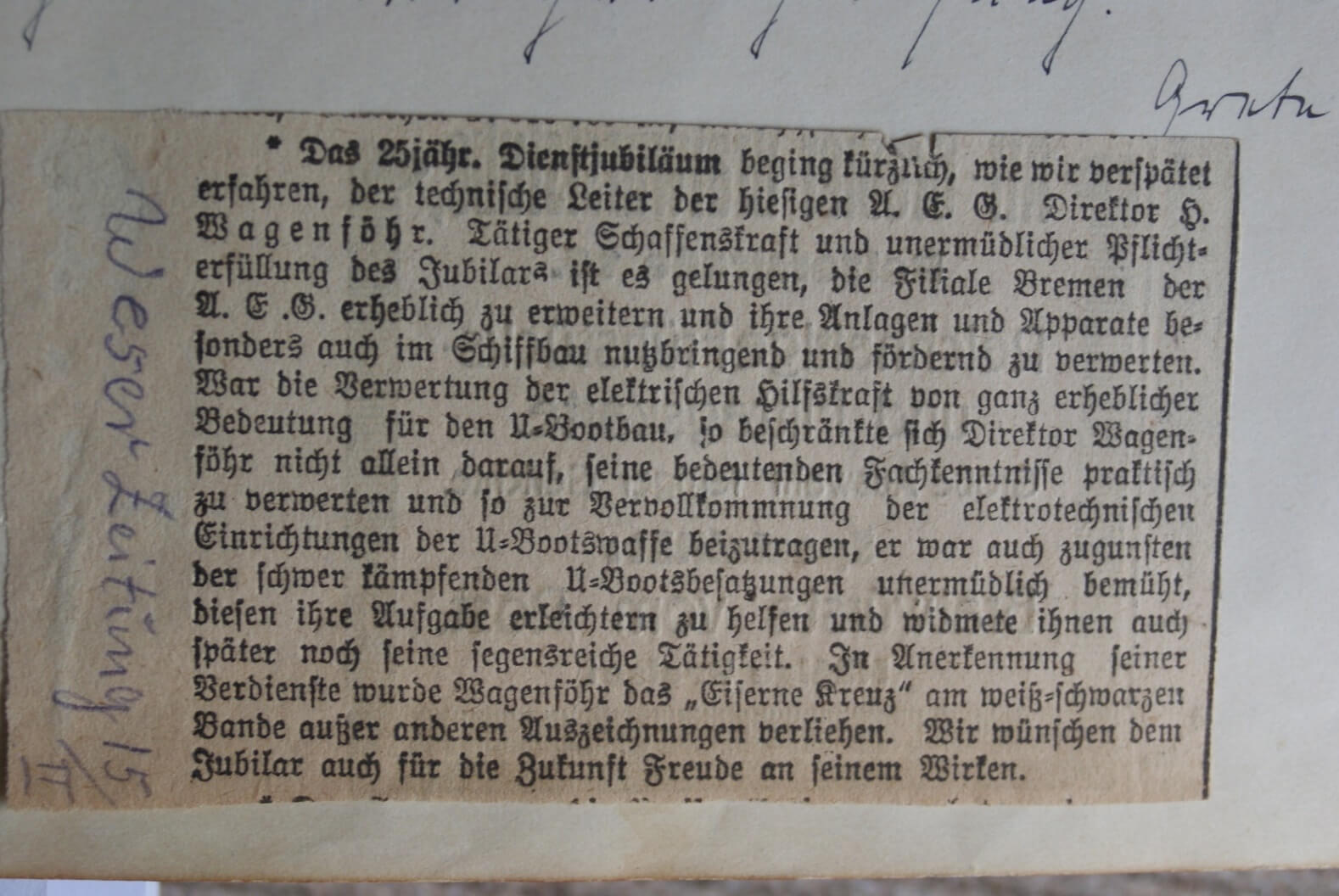 Ausschnitt der „Weser-Zeitung“ vom 15. Februar1921 im Gästebuch.