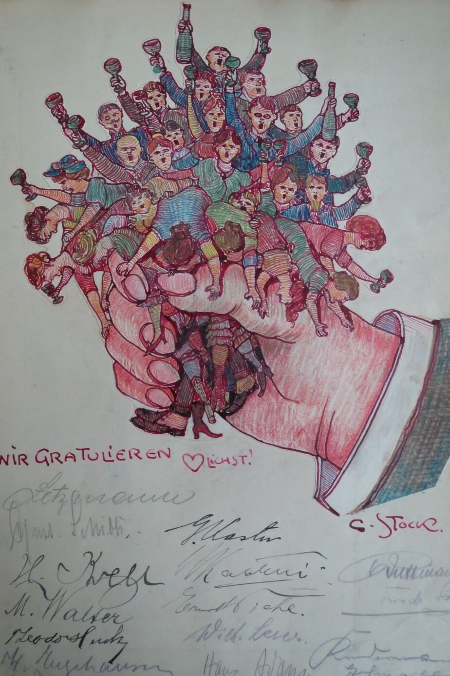 Blick ins Gästebuch 1921 – Zeichnung von Carl Stock zum 50. Geburtstag Wagenführs
